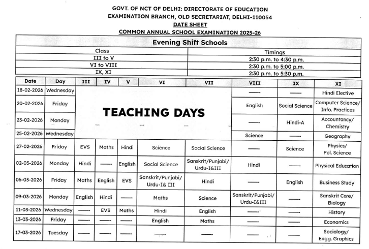 DOE Delhi School Date Sheet 2025-26