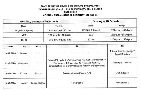 Date Sheet For govt Shift Schools